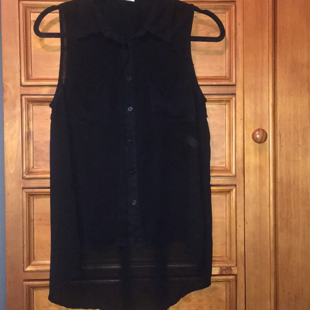 Sheer black button up tank blouse.
